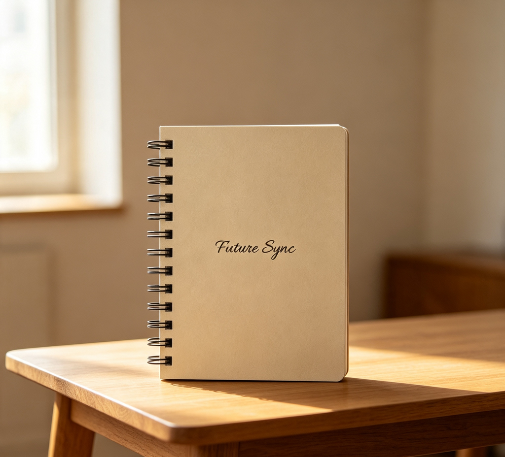 Future Sync vertical beige hardcover spiral notebook on a wooden table with natural sunlight
