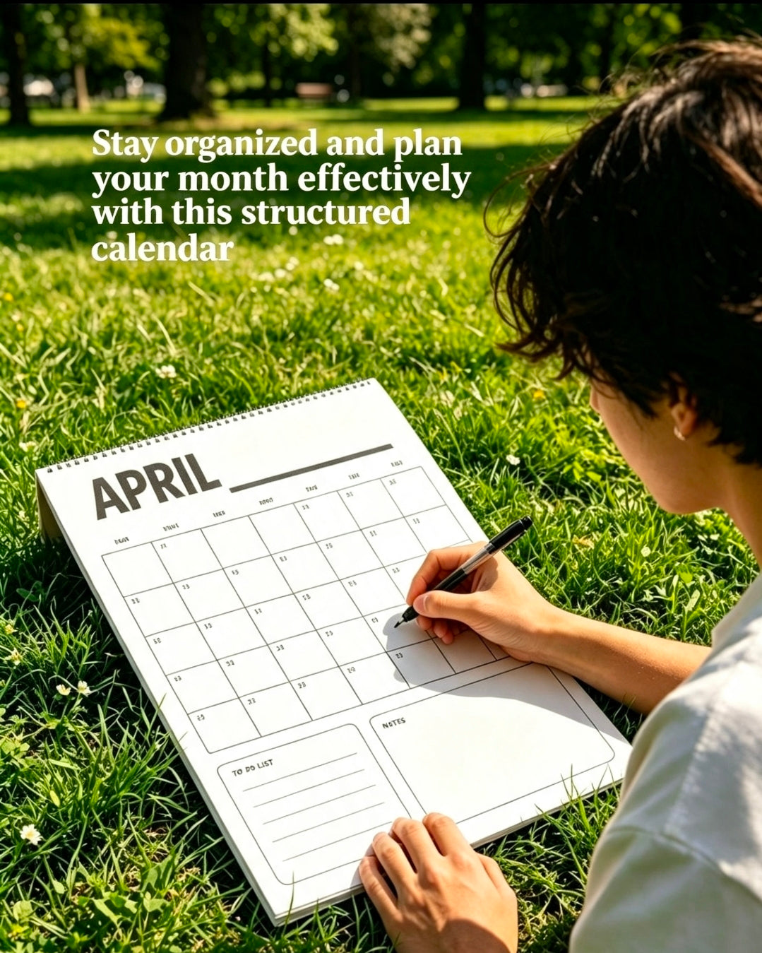 A printed minimalist monthly planner calendar layout placed on green grass outdoors