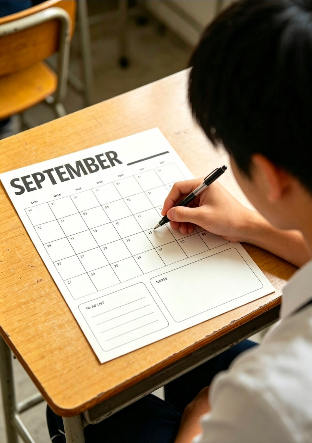 Close up of hands using a pen to fill in a printable undated monthly organizer sheet